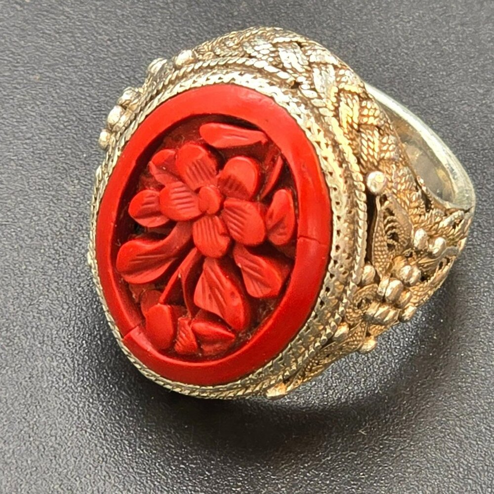 Vintage Cinnabar Ring Sterling Silver Red Floral Carved Centerpiece HS309